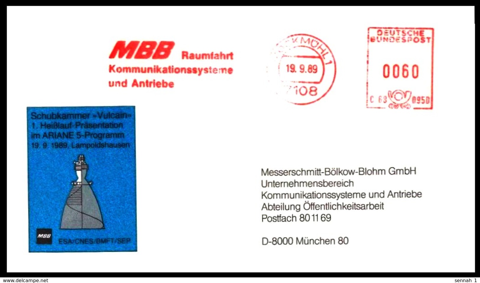 Bund / Germany: Stempel 'MBB - Raumfahrt - Ariane-5, 1989' / Cancel 'Space Industries', 7108 Möckmühl - Europe