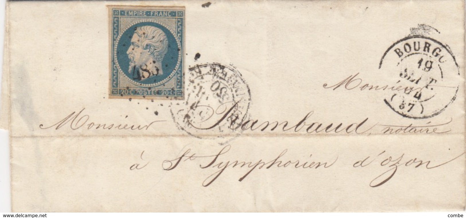 LETTRE 1854. N° 14 BLEU LAITEUX. ISERE. BOURGOIN. PC 486 POUR STSYMPHORIEN-D'OZON - 1849-1876: Klassik