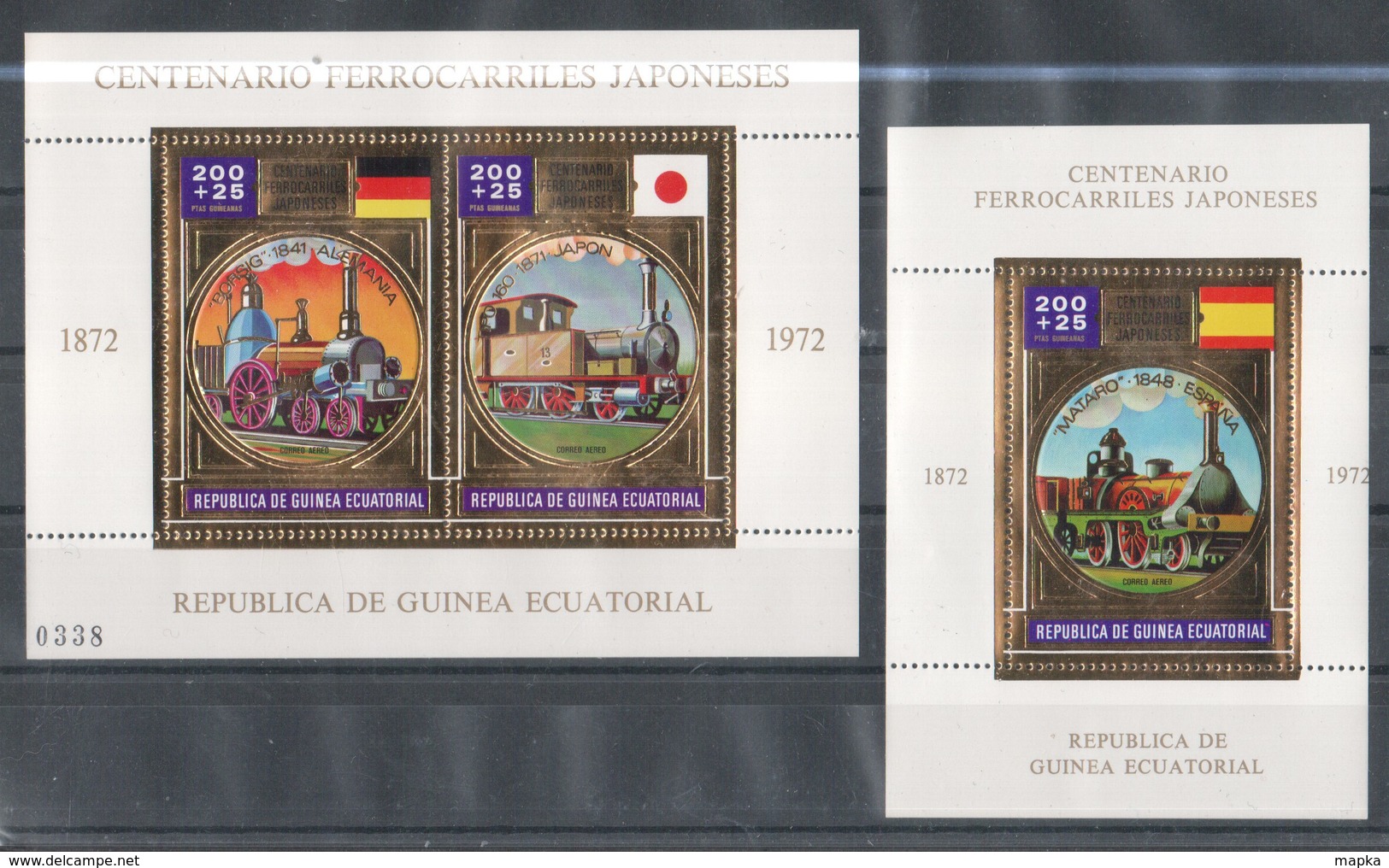 VV917 GUINEA ECUATORIAL GOLD TRAINS SPAIN GERMANY AND JAPAN 1KB+1BL MNH - Trenes