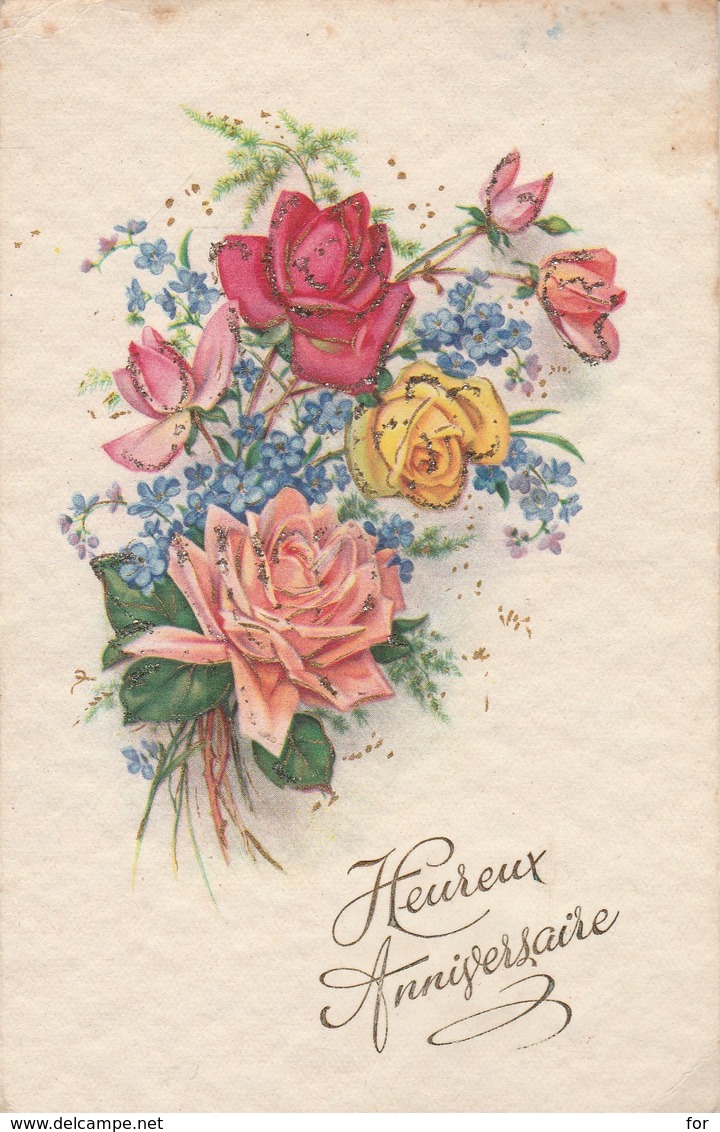 Anniversaire : Heureux Anniversaire : Fleurs Avec Paillettes - Roses Et Lilas ( Illustrateur à Définir ) - Geburtstag