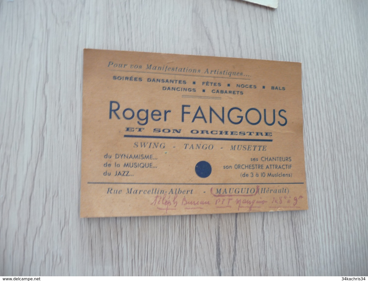 Musique Carte De Visite CDV Orchestre Roger Fangous Swing Tango Musette Mauguio Hérault - Autres & Non Classés