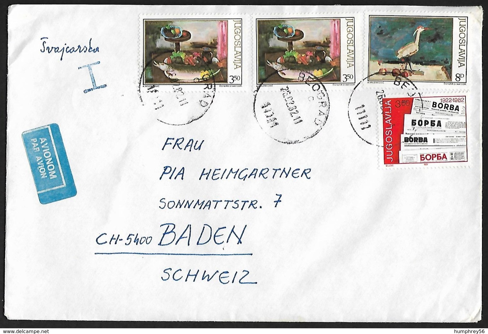 1982 - JUGOSLAVIA - Cover [Air Mail] + Michel 1911+1913+1917 [Art & Newspapers] + BEOGRAD - Lettres & Documents