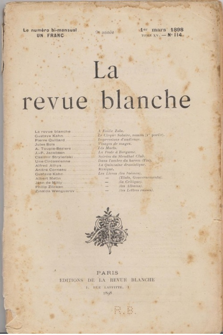 LA REVUE BLANCHE - 1ER MARS 1898 - EMILE ZOLA/AFFAIRE DREYFUS - Revistas - Antes 1900