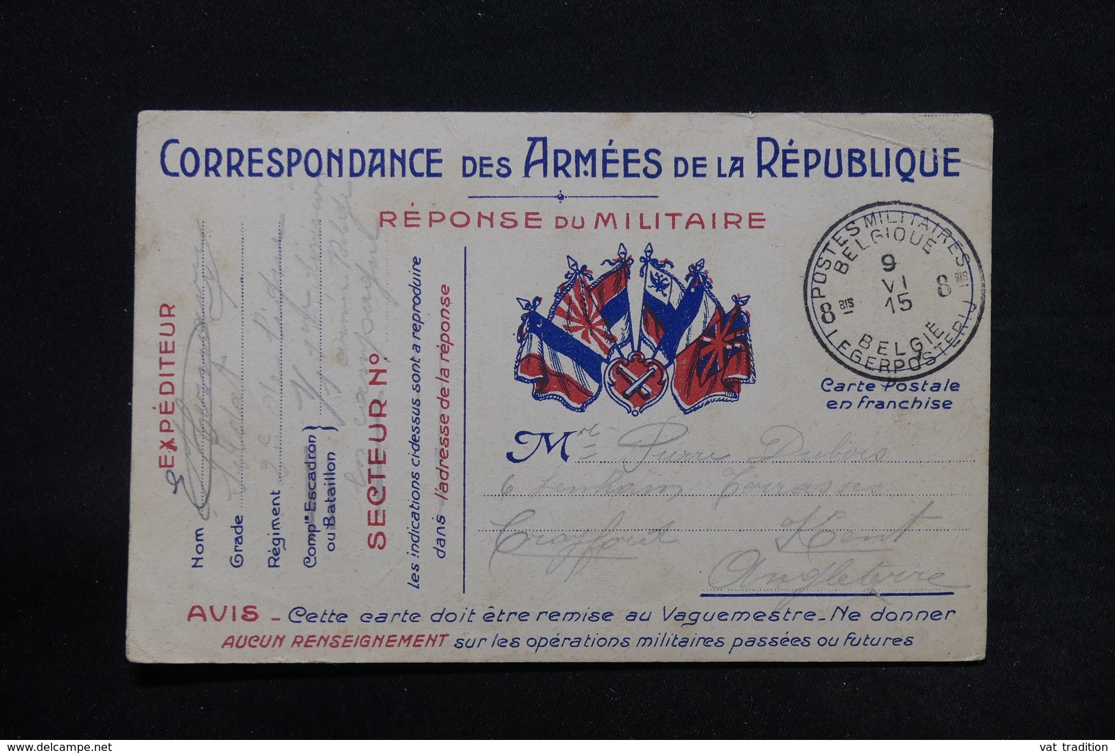 BELGIQUE - Carte Fm Pour Le Royaume Uni En 1915 - L 28182 - Armée Belge