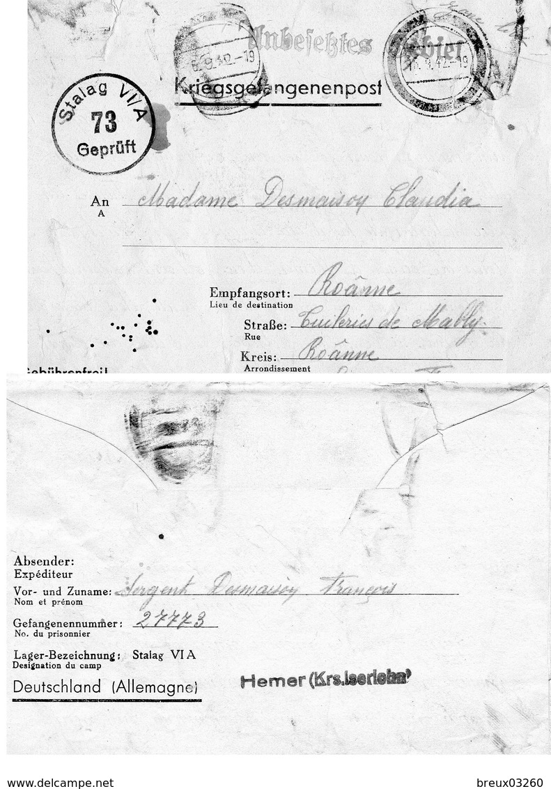 CP- " Correspondance De Prisonnier De Guerre "-  Stalag  VI A -( HEMER )- - 2. Weltkrieg 1939-1945