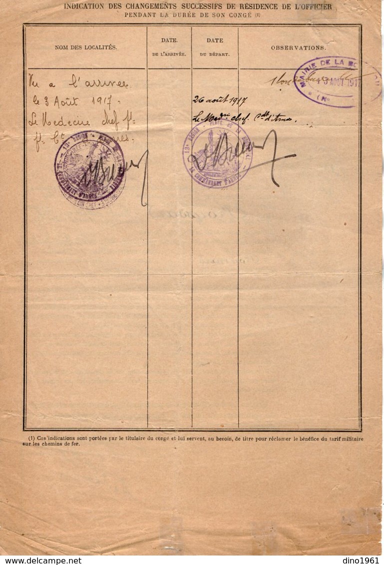 VP14.875 - MILITARIA - Hôpital De PERIGUEUX 1917 - Congé De Convalescence FROUSSARD Médecin à LA BOURBOULE - Documenten