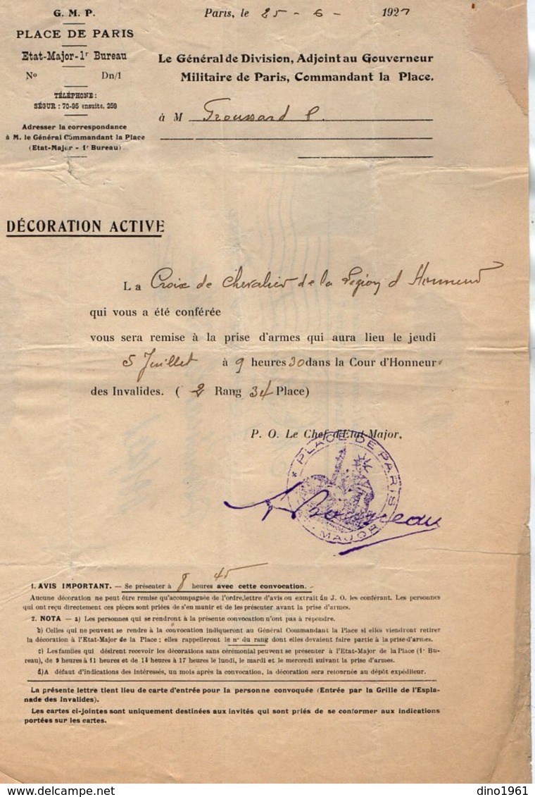 VP14.876 - MILITARIA - PARIS 1923 - Lettre Du G.M.P Relative à M. FROUSSARD Décoration Croix De La Légion D'Honneur - Documenten