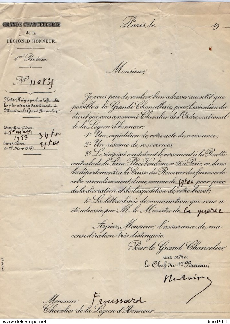 VP14.877 - MILITARIA - PARIS 1923 - Lettre De La Grande Chancellerie De La Légion D'Honneur à M. FROUSSARD Médecin - Documents