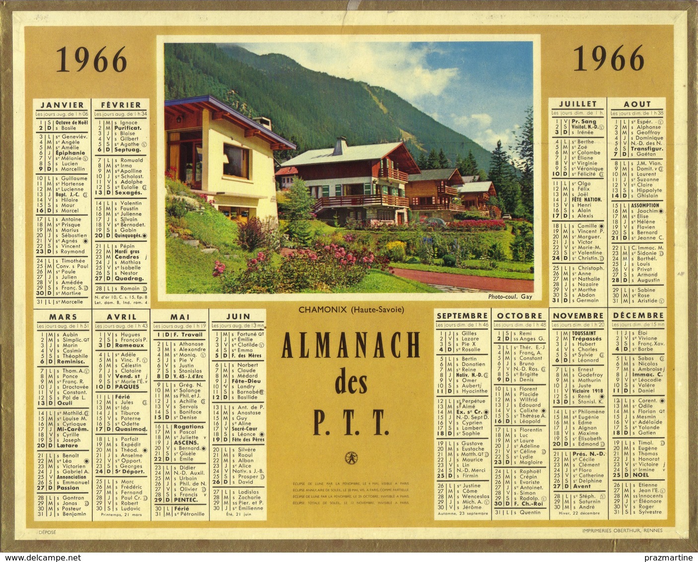 Calendrier PTT 1966 - Chamonix - Haute Savoie - Petit Format : 1961-70