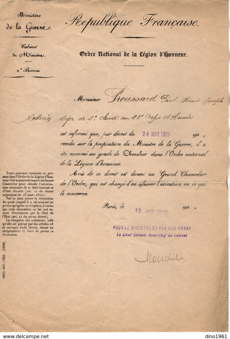 VP14.878 - MILITARIA - PARIS 1923 - Lettre Du Ministère De La Guerre à M. FROUSSARD ...Chevalier De La Légion D'Honneur - Documents