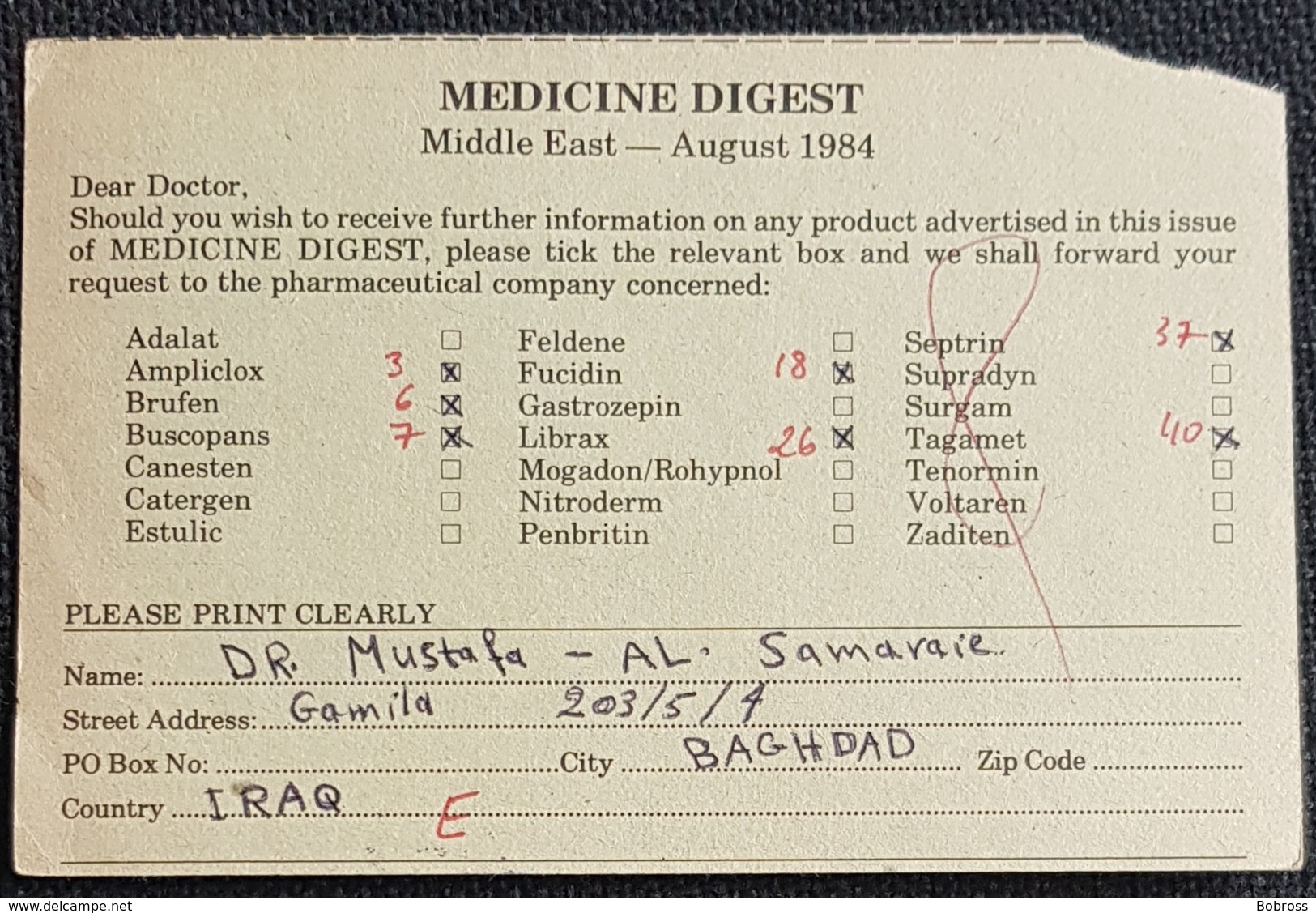 1984, IRAQ, Medicine Digest, Carte Response, Baghdad - London - Iraq