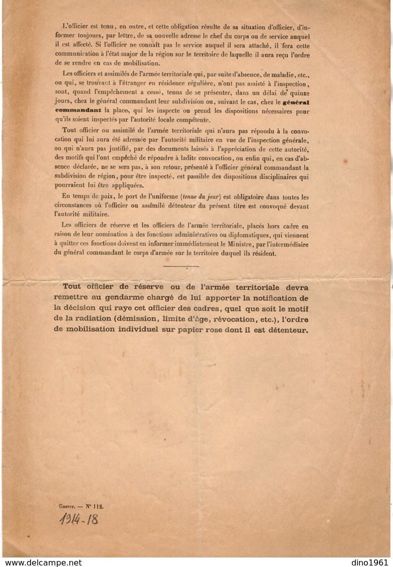 VP14.879 - MILITARIA - Guerre 14 / 18 - Circulaire Concernant Les Officiers - Documents