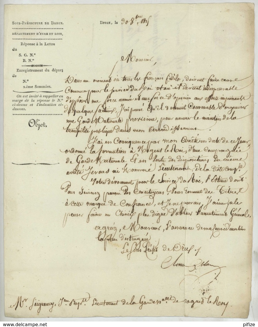 LàC 2e Restauration 30 Octobre 1815 . Sous-préfet De Dreux à Seigneury Lieutenant De La Garde Nationale à Nogent-le-Roi - Documents