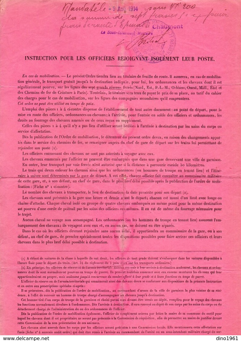 VP14.880 - MILITARIA - EPINAL X CHAUMONT 1914 - Ordre De Mobilisation Concernant Le Soldat FROUSSARD Médecin à PARIS - Documenten