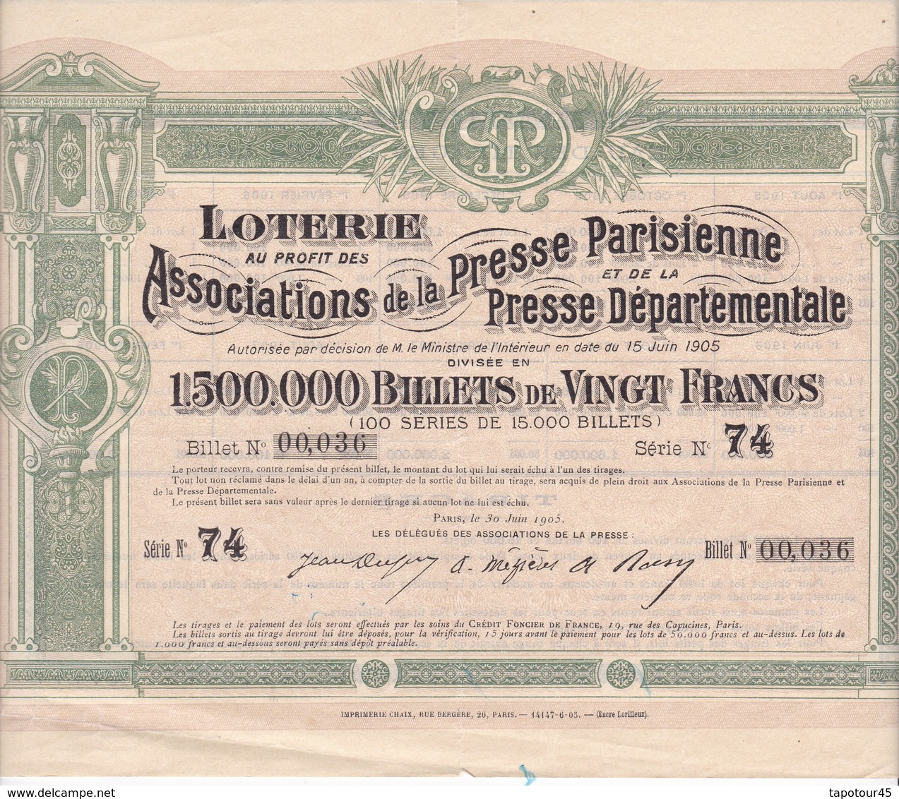 T 6 /N=14  > Actions & Titres > Lotterie Au Profit Des Ass. De La Presse Parisienne 	1905 - Autres & Non Classés