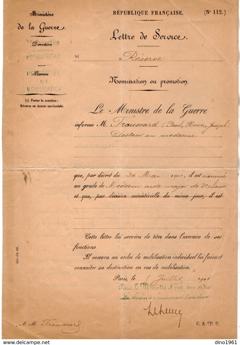 VP14.882 - MILITARIA - PARIS X PAU 1901 - Lettre Du Ministère De La Guerre Relative Au Soldat FROUSSARD Médecin à PARIS - Documenti