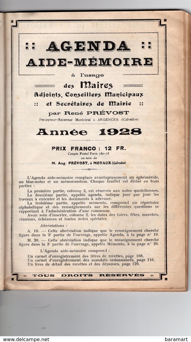 AGENDA AIDE MEMOIRE à L'usage Des Maires Adjoints Municipaux Et Secrétaires De Mairie 1928 106 Pages - Right