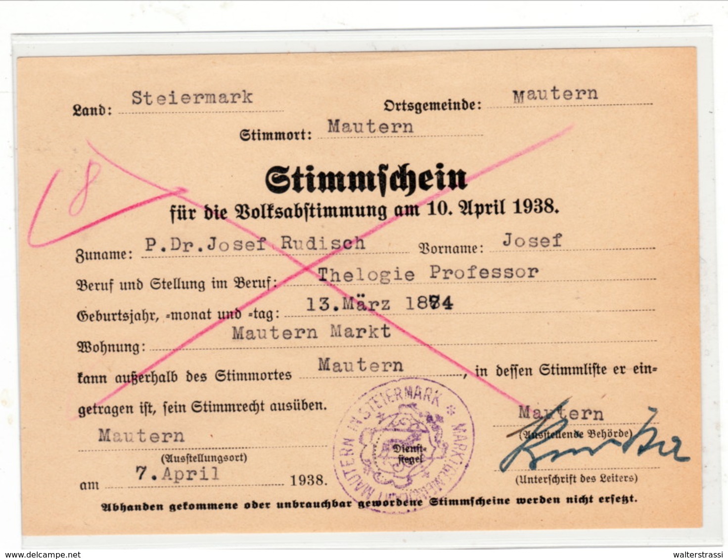 III. Reich, Österreich , " Stimmschein Für Die Volksabstimmung Am 10. April 1938 ", MAUTERN ( Steiermark ) - Lettres & Documents