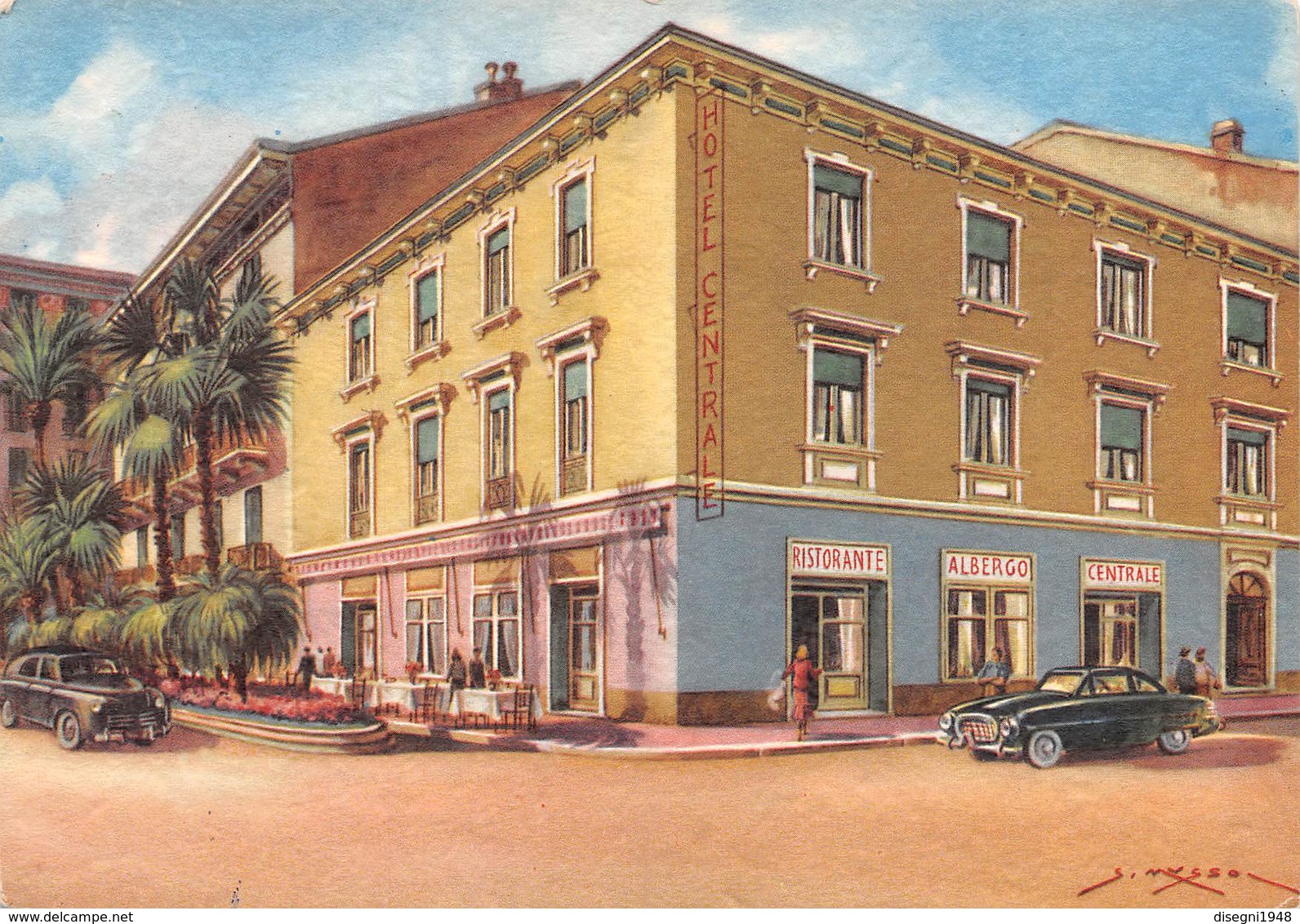 M08044 "ALBERGO RISTORANTE PENSIONE CENTRALE-BORDIGHERA"TIMBRO DELL'HOTEL-ILLUS. S. MUSSO-CART. ILLUSTR. ORIG. SPED.1960 - Altri & Non Classificati