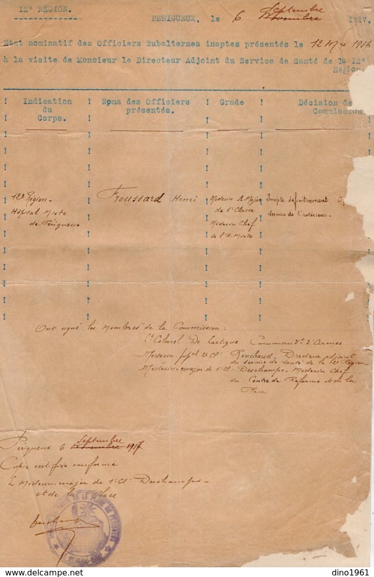 VP14.888 - MILITARIA - PERIGUEUX 1917 - Lettre Du Médecin Chef DESCHAMPS Relative à Mr FROUSSARD Médecin - Documenti