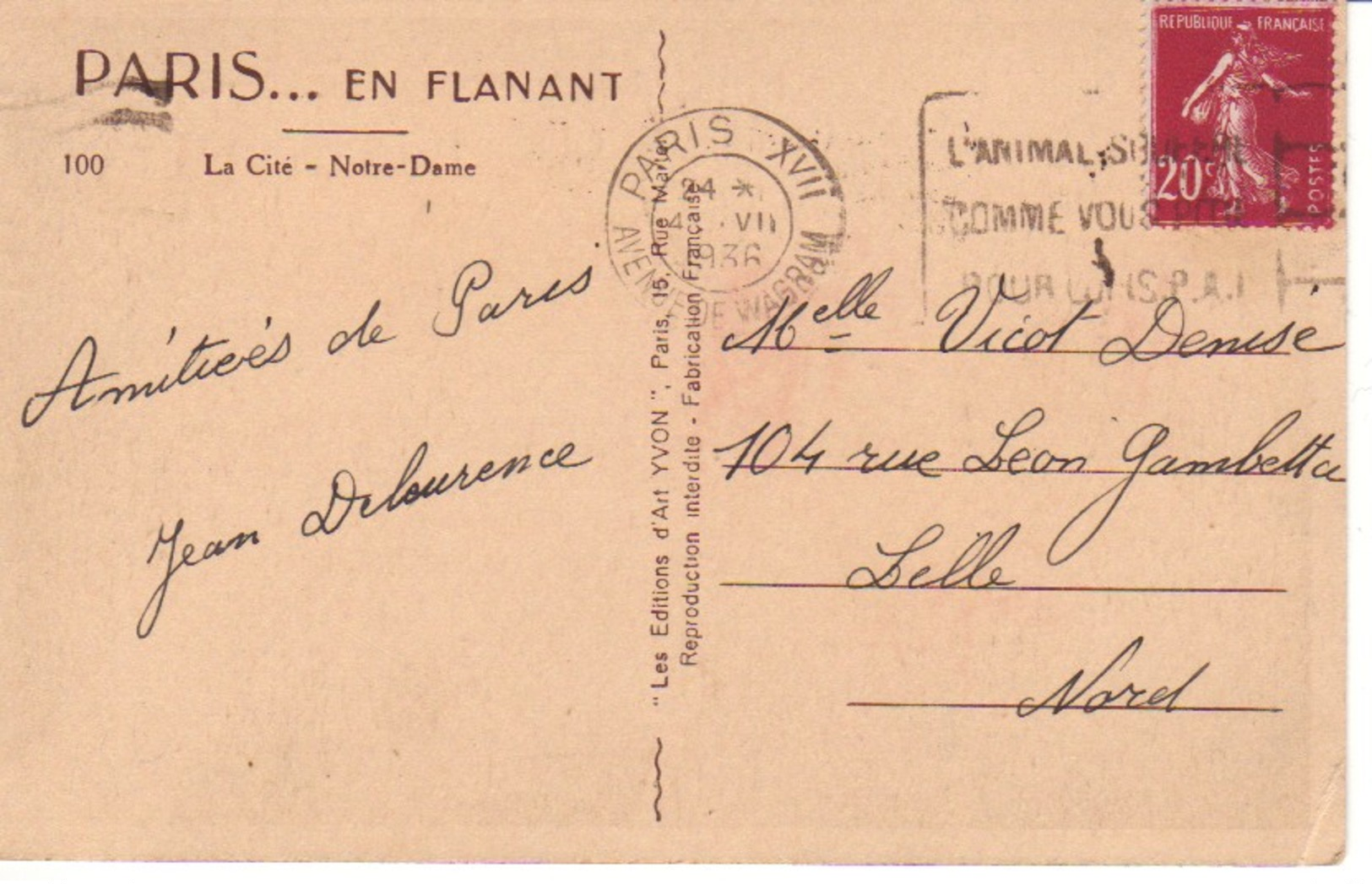 FRANCE : 1936 - Carte Postale De Paris à Lille - L'animal Souffre Comme Vous, Pitié Pour Lui (SPA) - Lettres & Documents