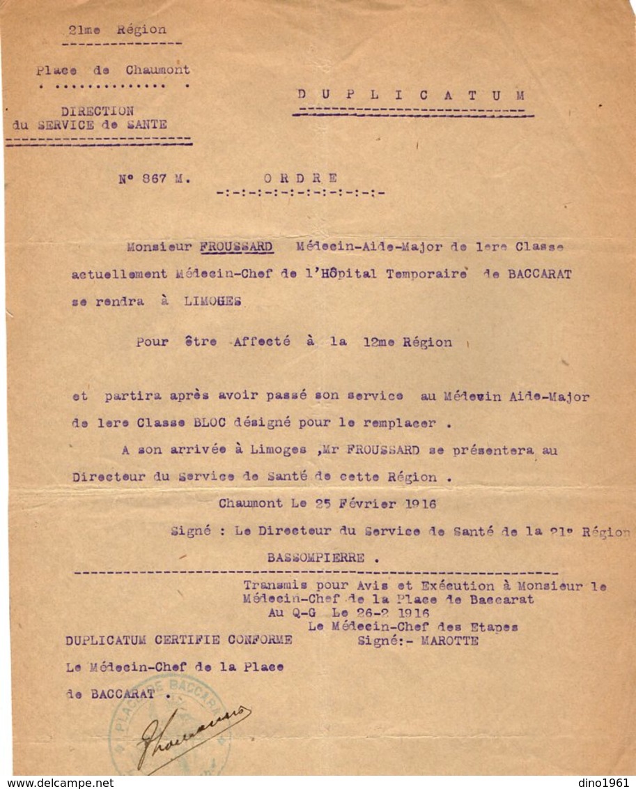 VP14.893 - MILITARIA - CHAUMONT 1916 - Ordre Au Médecin FROUSSARD à L'Hôpital De BACCARAT Affecté à LIMOGES - Documents