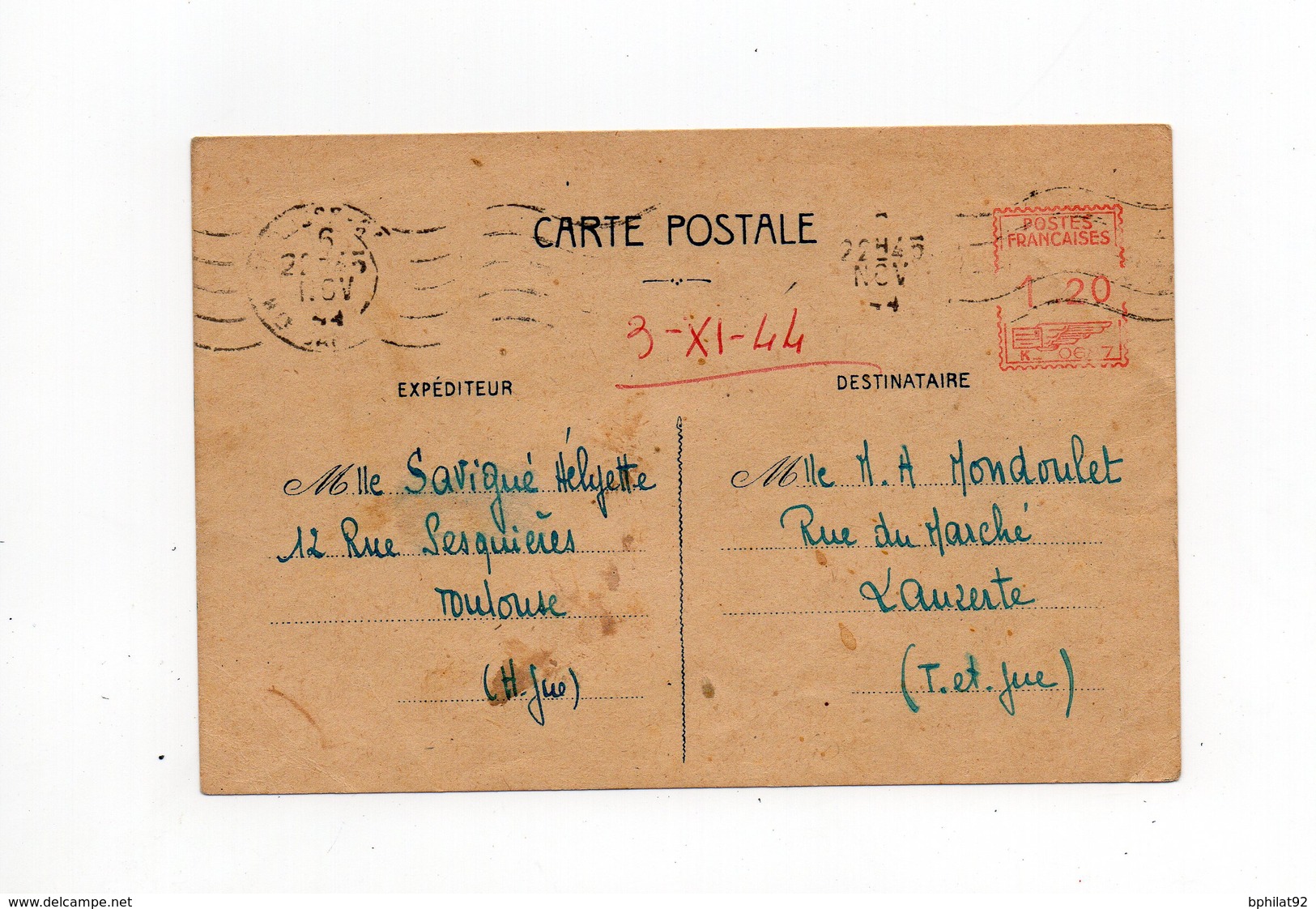 !!! PRIX FIXE : ENTIER POSTAL MECANIQUE DE TOULOUSE SUR CARTE DE 1944 - Standard Postcards & Stamped On Demand (before 1995)