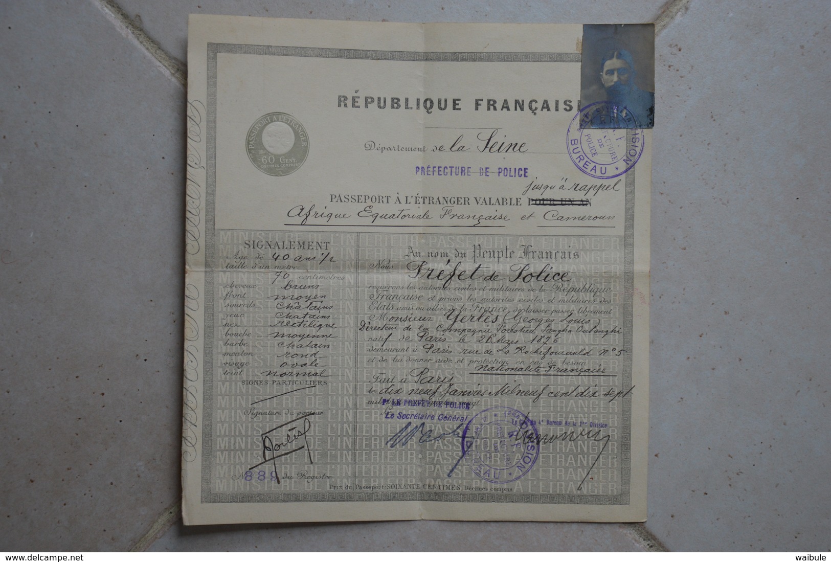 Passeport 1917 Pour Afrique Equatoriale Française Colonie Cameroun Cachet Verso - Documents Historiques