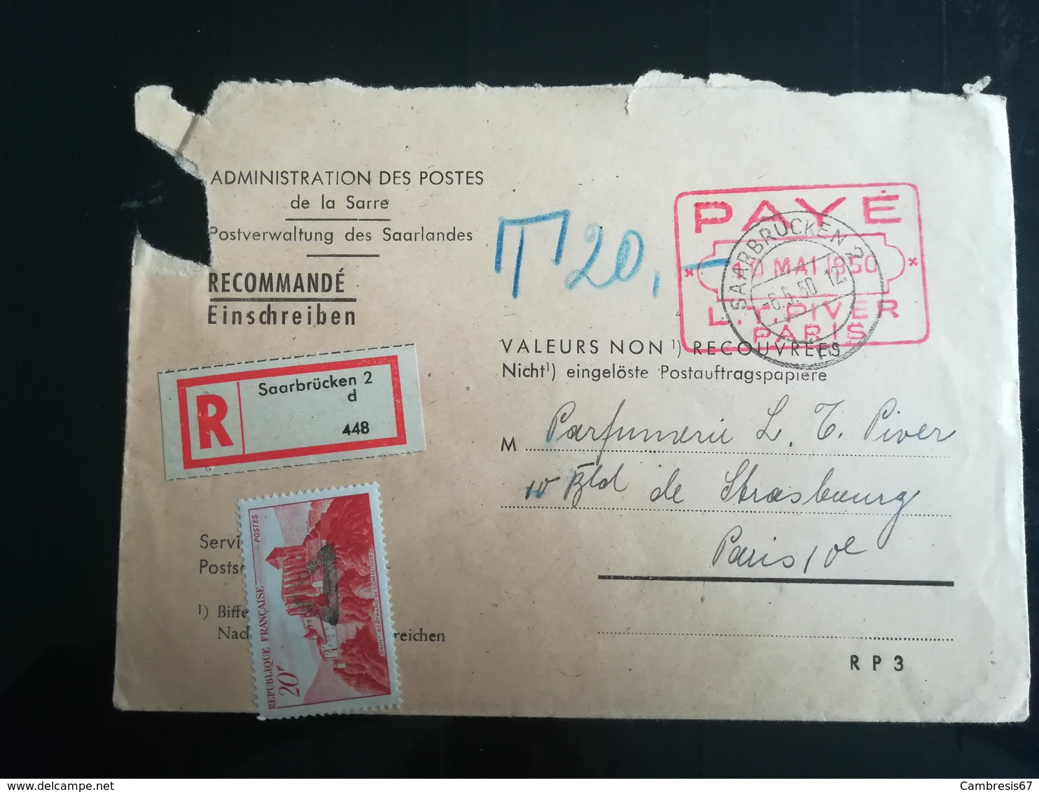 Enveloppe Administration Des Postes De La Sarre De 1950 - EMA (Empreintes Machines à Affranchir)