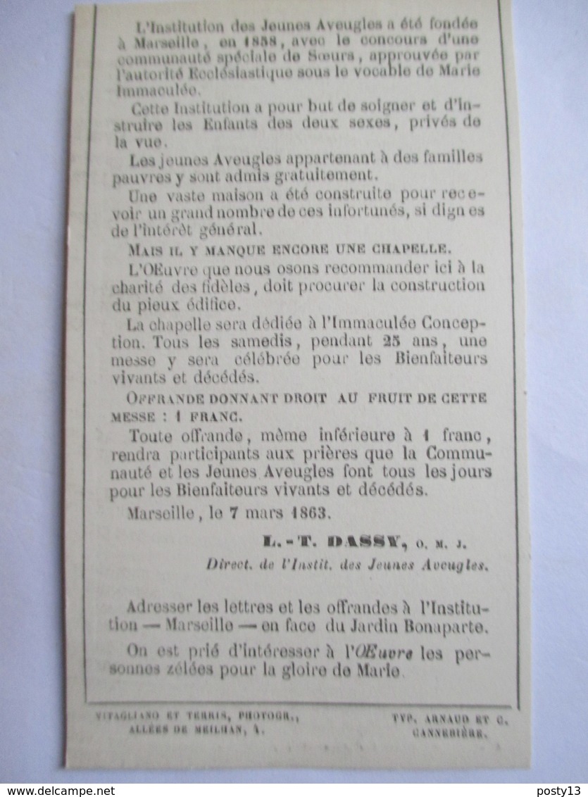 Photographie Ancienne CDV - 1863 - Institution Des Jeunes Aveugles  Marseille  - Photo VITIGLIANO & TERRIS   TBE - Antiche (ante 1900)