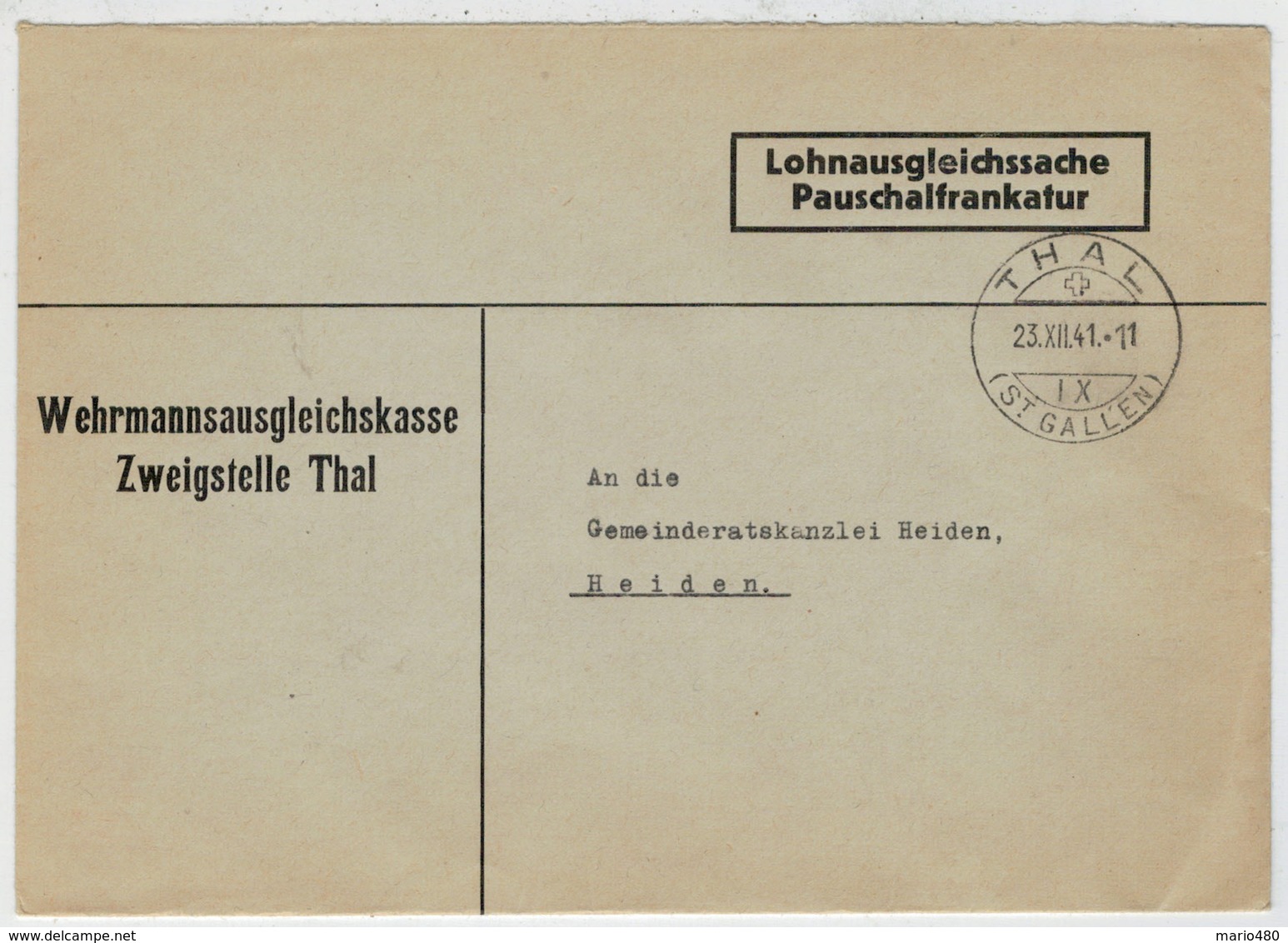 INTERO  POSTALE     THAL       ST.  GALLEN       PER  HEIDEN              1941   (VIAGGIATA) - Stamped Stationery