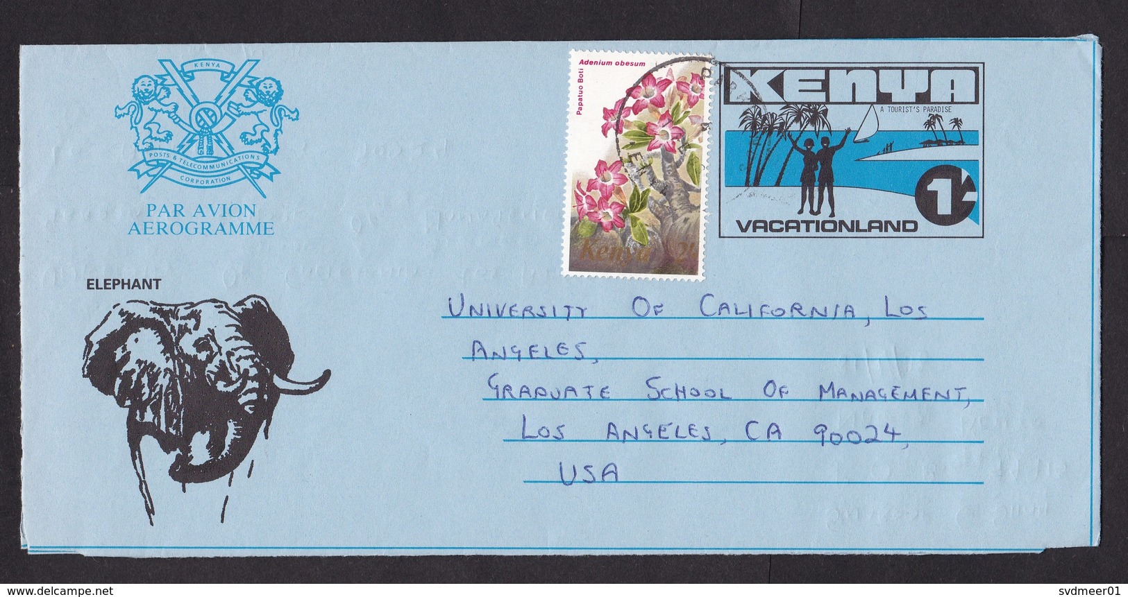 Kenya: Stationery Aerogramme To USA, 1988, Extra Stamp, Tourism, Beach, Elephant, Flower (traces Of Use) - Kenia (1963-...)