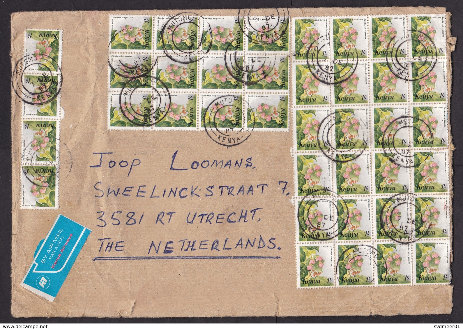 Kenya: Airmail Cover To Netherlands, 1987, 40 Stamps, Inflation?, Flower, Air Label Kenya Airways (minor Damage) - Kenia (1963-...)