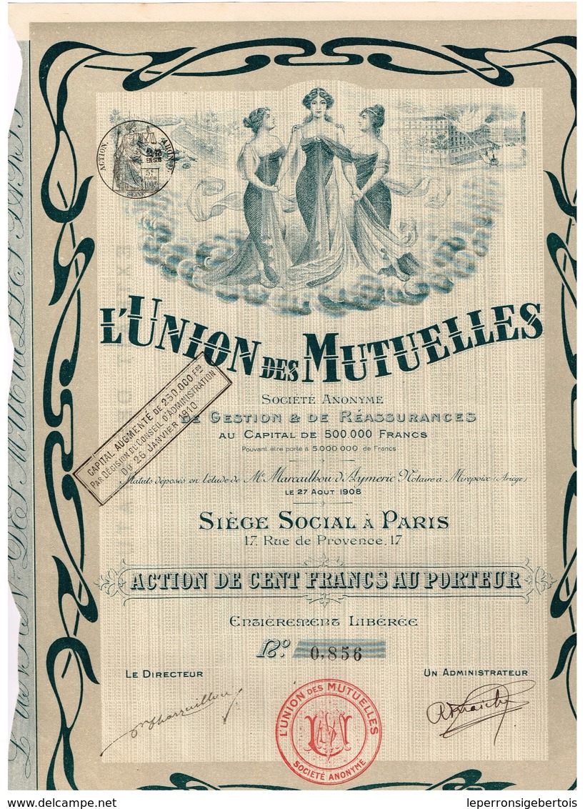 Ancien Titre - L'Union Des Mutuelles Société Anonyme De Gestion & De Réassurances - Titre De 1908 - Déco - Banque & Assurance