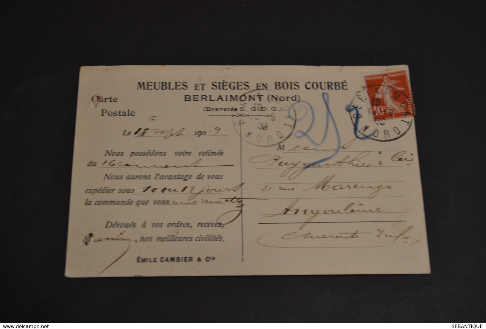 Carte Postale 1908 Pub Meubles Et Sièges En Bois Courbé échelle Pliante à Berlaimont - Publicité