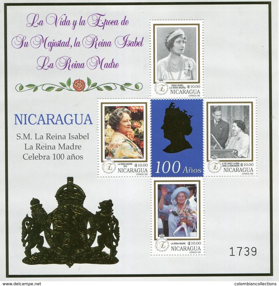 Lote 2340d, Nicaragua, 1999, HF, SS, Queen Mother, 100th Birthday, As Old Woman, Reina Isabel, Elizabeth II - Nicaragua