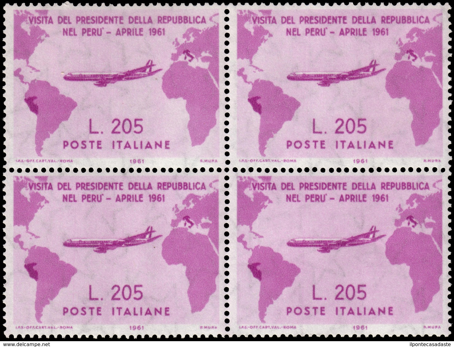 MNH ) REPUBBLICA 1961 | 205 Lire "Gronchi Rosa", Quartina |  | MNH..........(Sass. 921) - Otros & Sin Clasificación