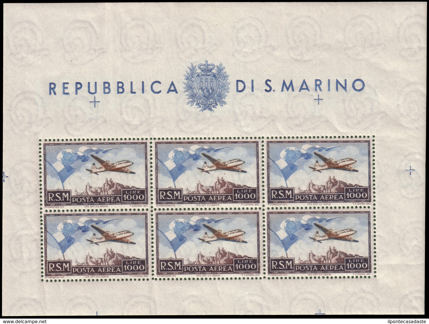 MNH ) SAN MARINO 1951 | Foglietto Posta Aerea. 1000 Lire "Bandiera, Aereo E Veduta" |  | MNH..........(Sass. 13 - Other & Unclassified