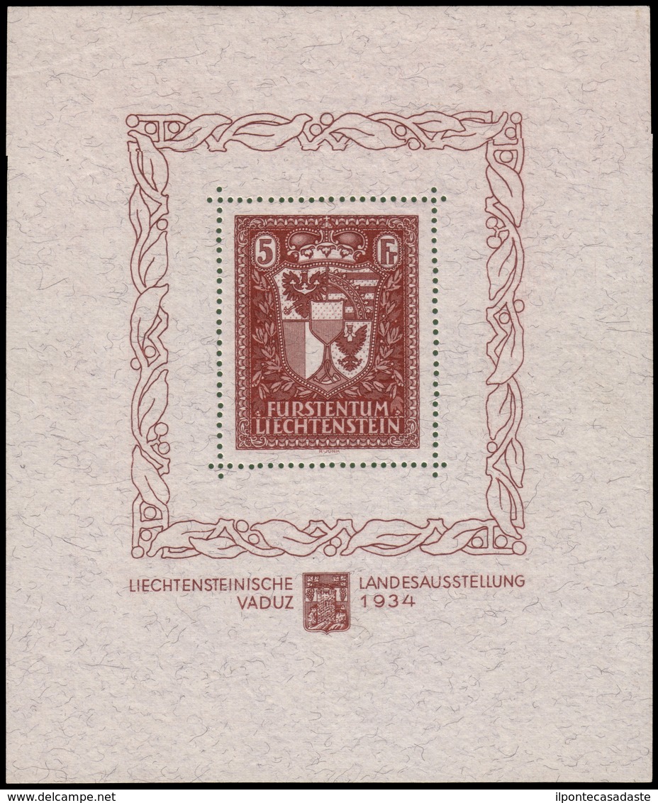 MNH ) LIECHTENSTEIN 1934 | Foglietto "Esposizione Filatelica Di Vaduz". 5 Franchi Bruno Rosso |  | Cert. G. Bol - Andere & Zonder Classificatie