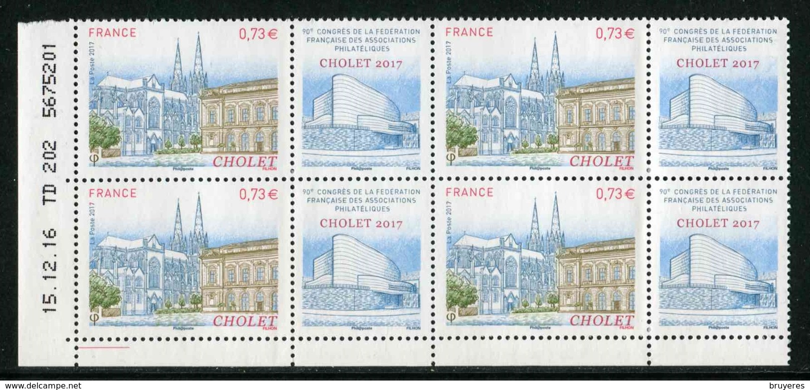 Bloc De 4 Timbres** Gommés De 2017 "0,73 € - CHOLET" Avec Date 15 . 12 . 16 (1 Trait) - 2010-2019