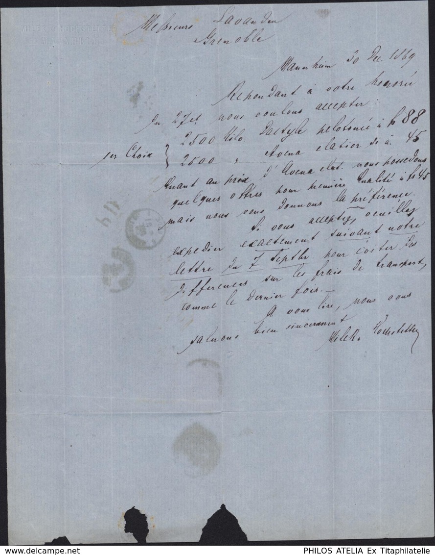 Grand Duché De Bade YT 19 Brun 9 K Fond Blanc CAD Mannheim 30 Dez 69 10-12V Entrée Bleue Bade Strasbourg Jour De L'an - Lettres & Documents