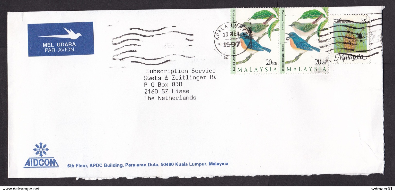 Malaysia: Airmail Cover To Netherlands, 1997, 3 Stamps, Pineapple Fruit, Bird, Air Label (minor Damage) - Malaysia (1964-...)