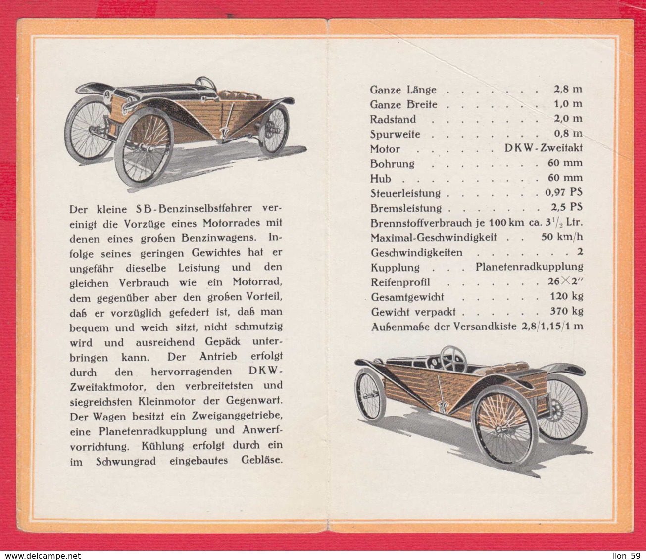 240795 / Advertising - DER KLEINE BENZIN SELBSTFAHRER SYSTEM Slaby-Beringer MIT DKW MOTOR CAR  GERMANY - Publicités