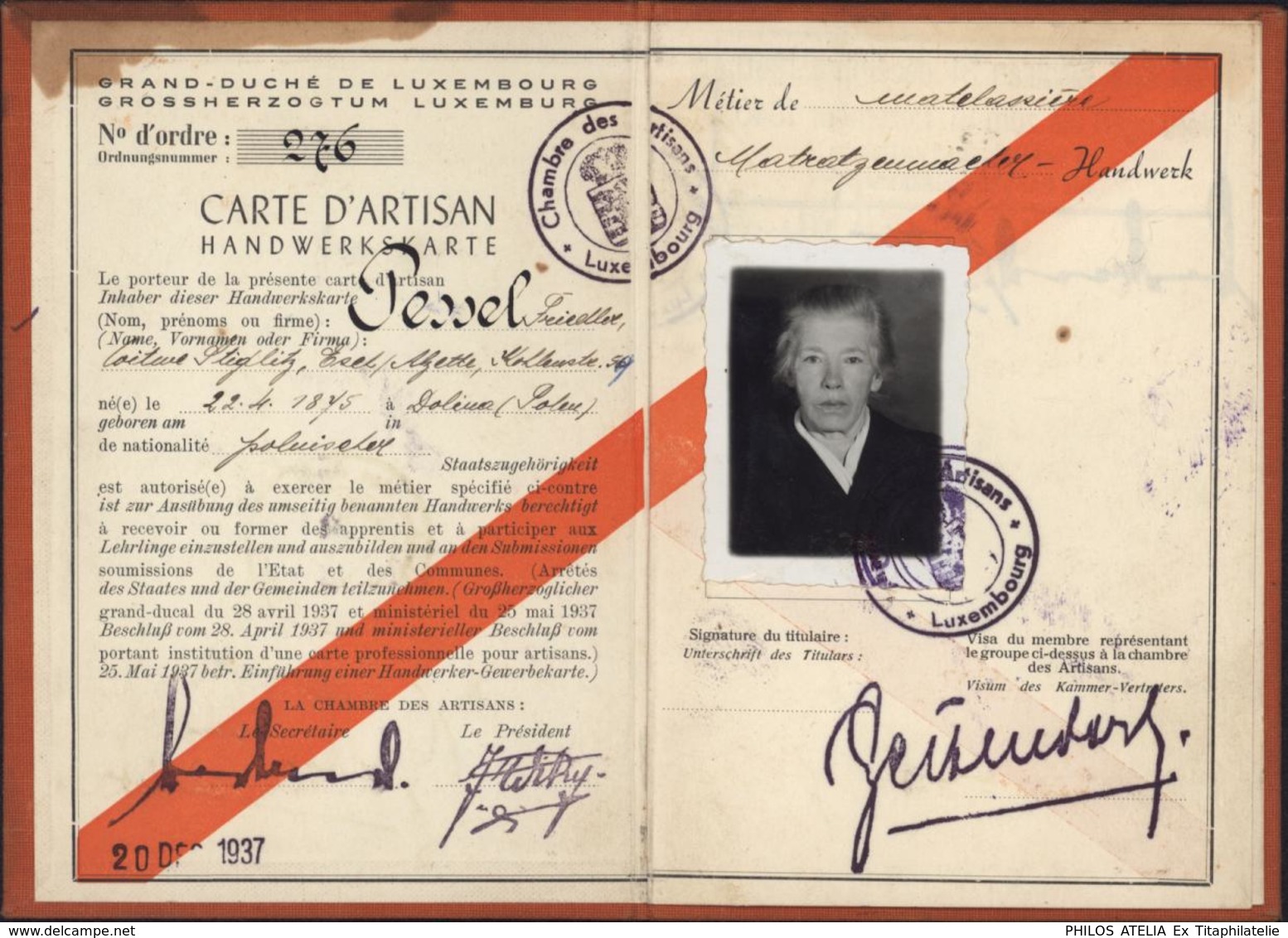 Carte D'artisan Luxembourg 1937 1940 Matelassière Nationalité Polonaise Se Réfugiera En France Mari Juif Interné France - Covers & Documents