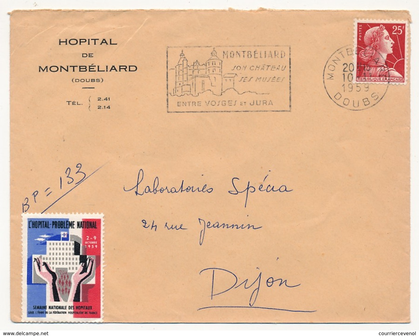 FRANCE - Enveloppe Affr 25F Muller Avec Vignette "L'Hopital Problème National" - Hopital De Montbéliard (Doubs) 1959 - Brieven En Documenten