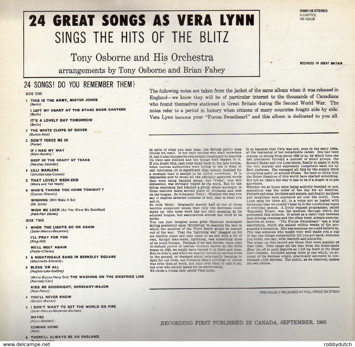 * LP *  Vera Lynn - Hits Of The Blitz (Canada) - Disco, Pop
