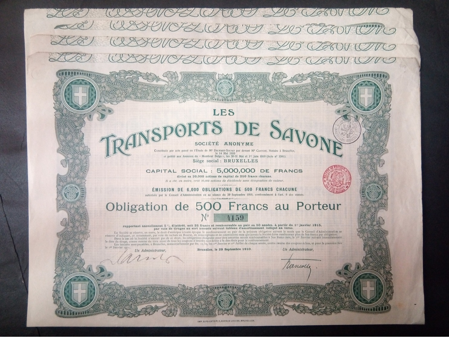 Lot 4 Transports De SAVONE-Bruxelles Obligation 500 FR + Coupons - Altri & Non Classificati