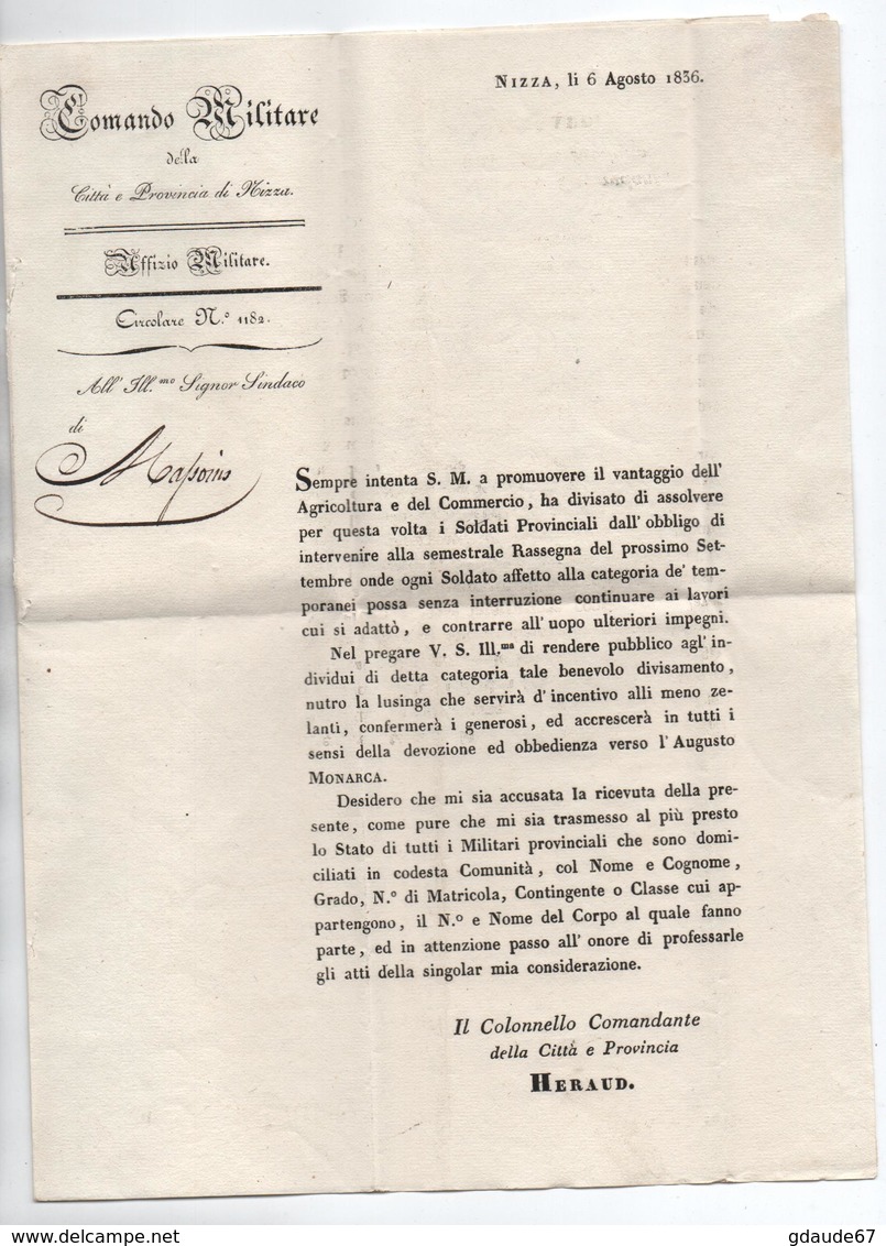 1836 - LETTRE De NICE Avec FRANCHISE "IL COMMANDO DI NIZZA MARITIMA / HERAUD" Pour MASSOINS - COMTE DE NICE - 1801-1848: Precursors XIX