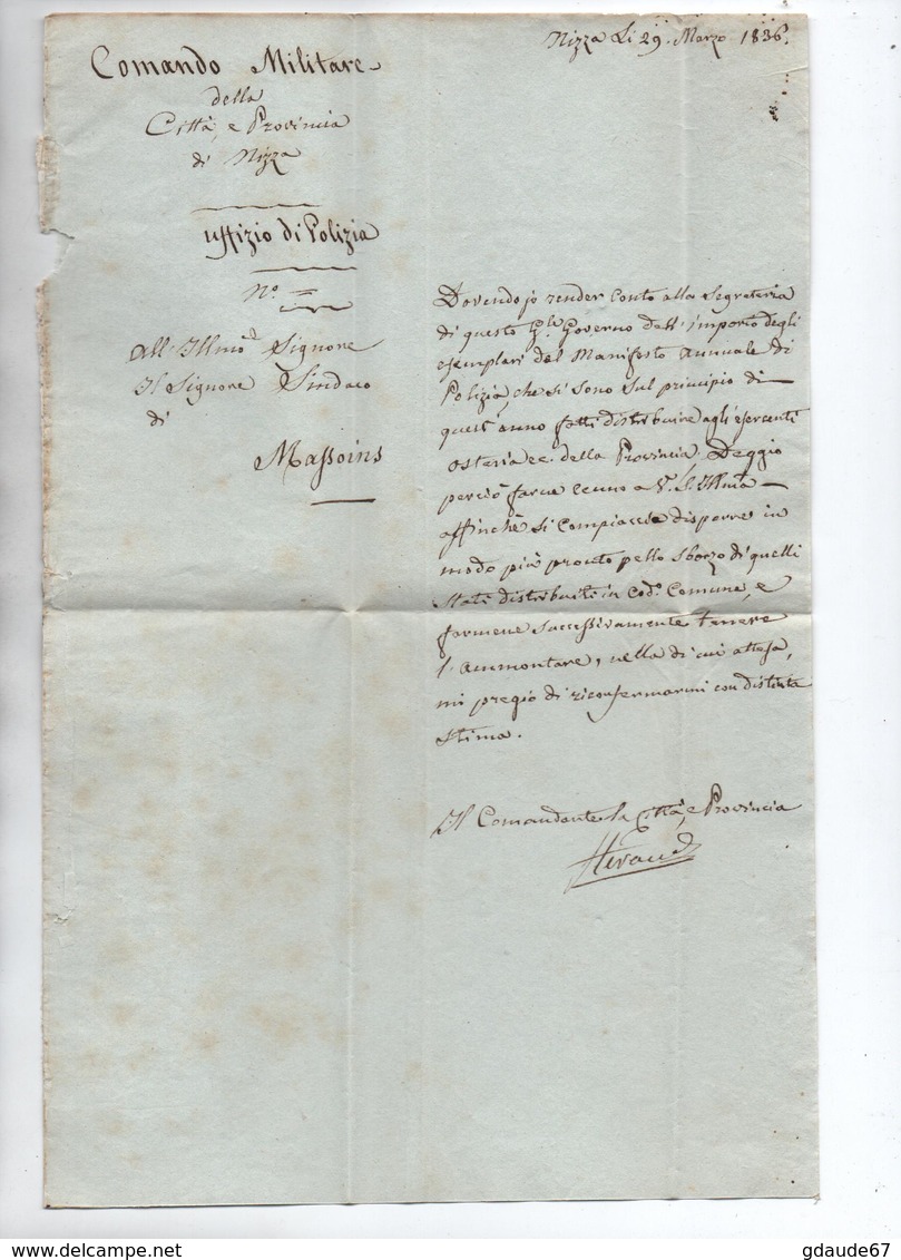 1836 - LETTRE De NICE Avec FRANCHISE "IL COMMANDO DI NIZZA MARITIMA / HERAUD" + COMANDO DI POLIZIA - COMTE DE NICE - 1801-1848: Precursors XIX