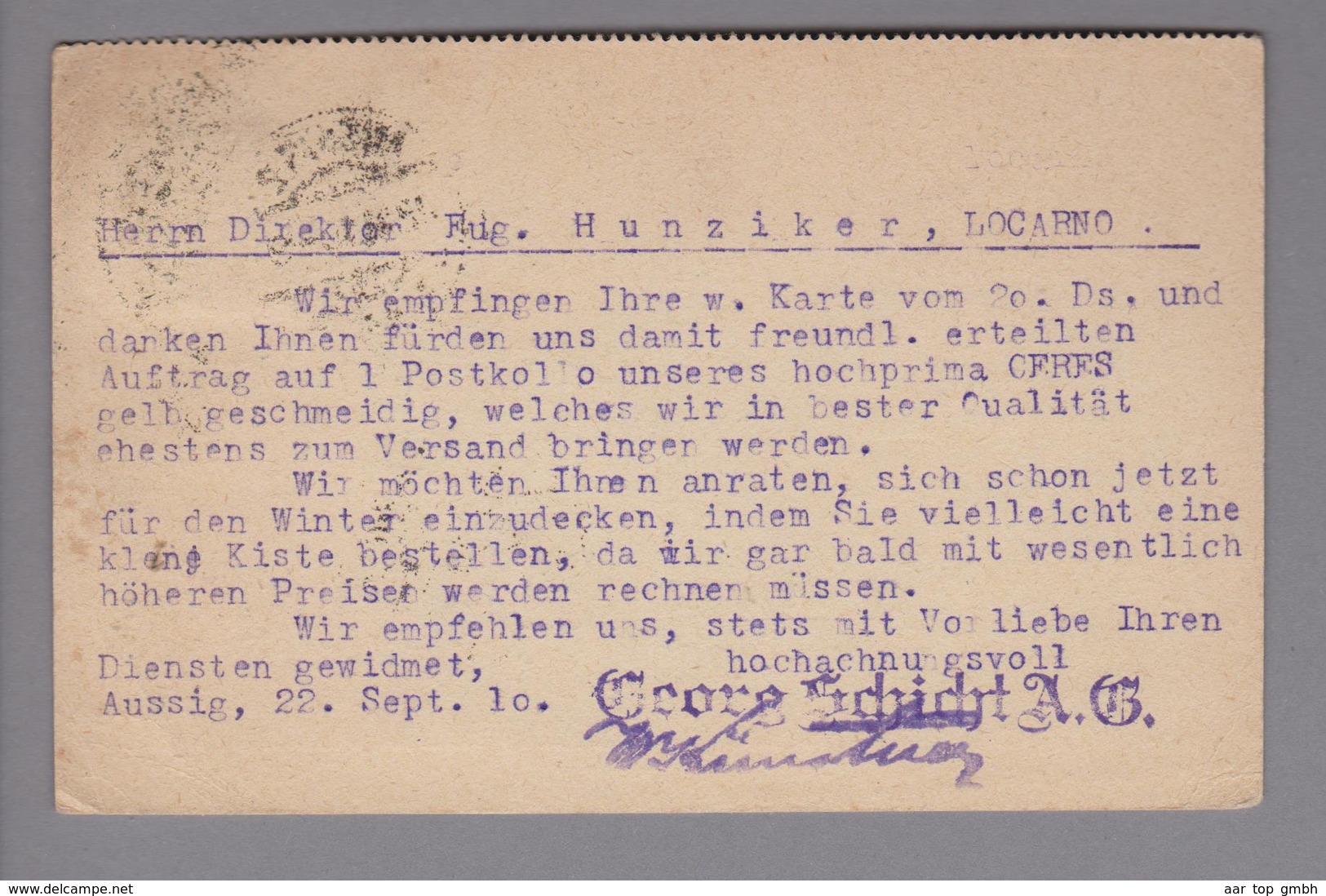 Oesterreich 1910-09-24 Aussig Postkarte Mit Perfinmarke "GS/AG" Nach Locarno - Lettres & Documents